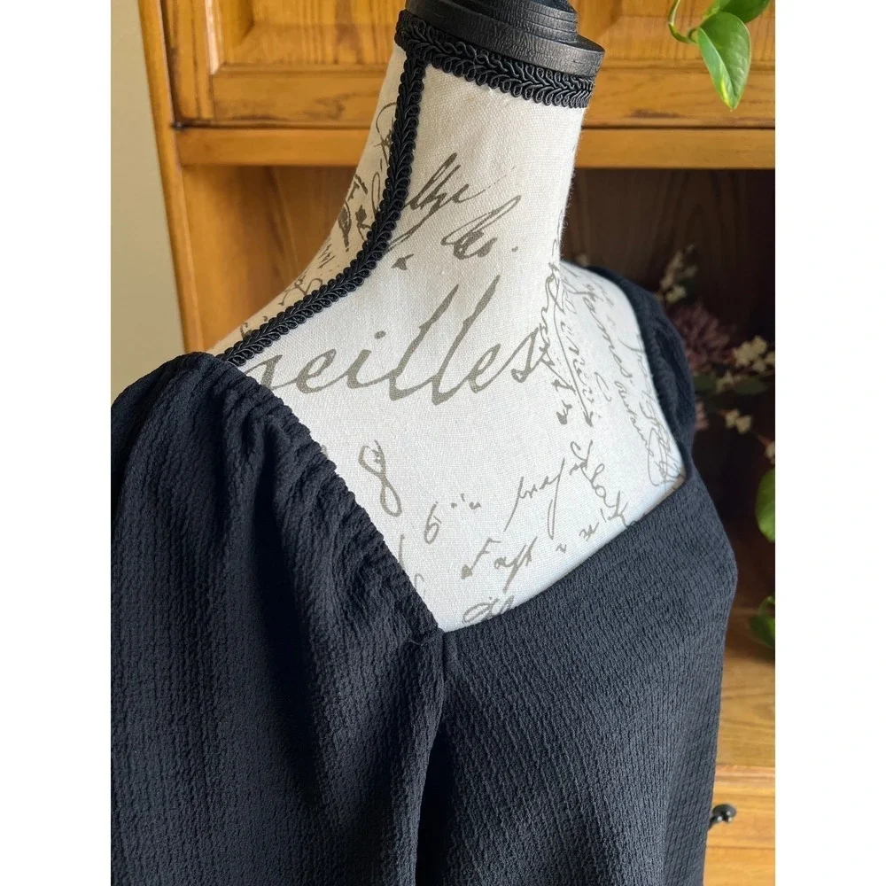 Madewell Black Textured Crepe Square Neck Puff Sleeve Blouse‎ Top Medium